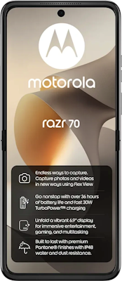 Motorola Razr 70 Dual SIM (256GB Hematite) at Â£29 on Pay Monthly 50GB (24 Month contract) with Unlimited mins & texts; 50GB of 5G data. Â£37.99 a month.