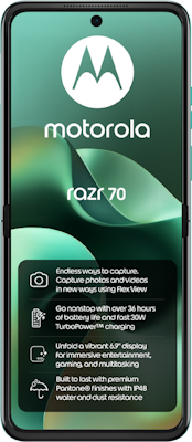 Motorola Razr 70 Dual SIM (256GB Sporting Green) at Â£29 on Pay Monthly Unlimited (24 Month contract) with Unlimited mins & texts; Unlimited 5G data. Â£39.99 a month.